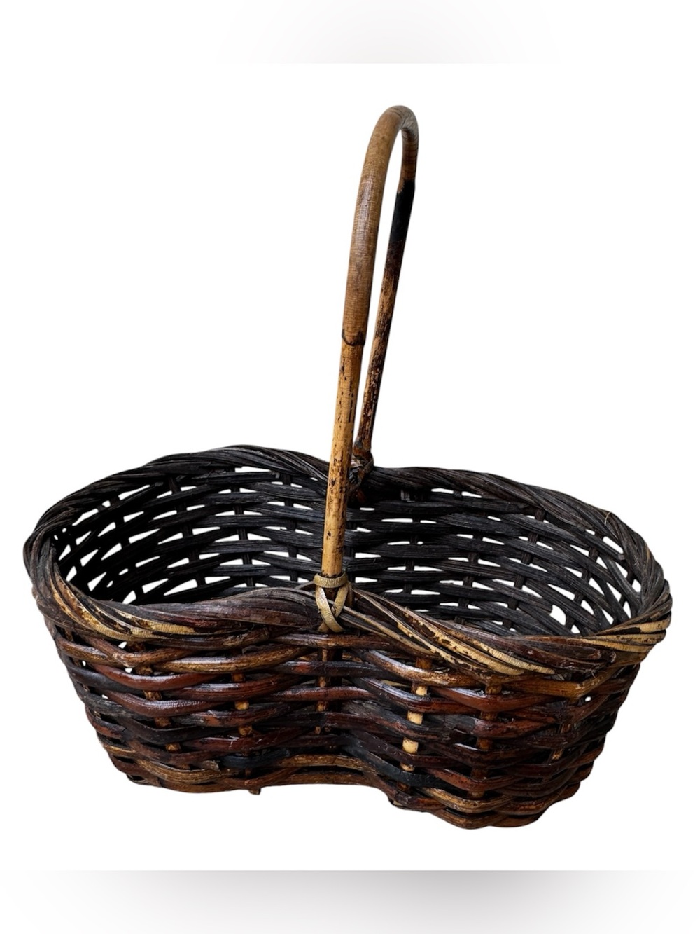 Vintage Dark Woven Wicker Gathering Basket with Handle Figure 8 Cottagecore